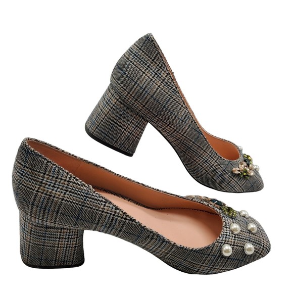 J Crew Celia Pumps Jeweled Glen Plaid Block Heel Plaid Rhinestone Pearl 9.5 - Picture 2 of 13
